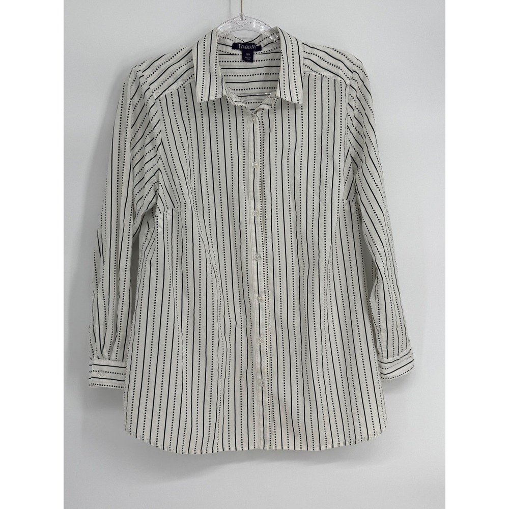 Roaman's Womens Sz 16W White Black Dotted Stripe Button Down Cotton Shirt